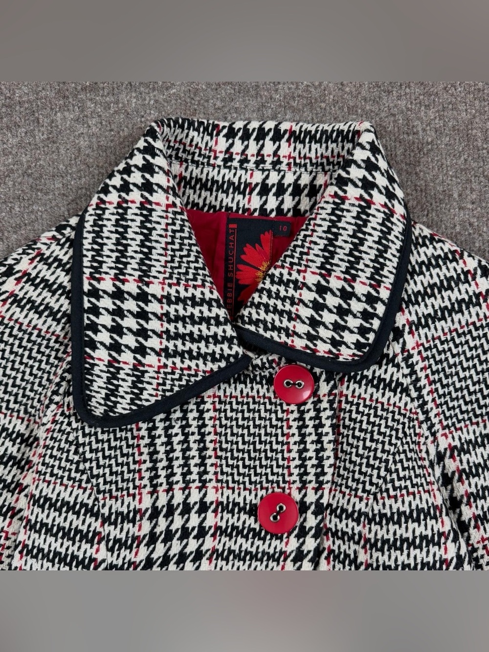NWT Black White Red Houndstooth Wool Blend Jacket Women’s L Asymmetrical Collar - Picture 4 of 11